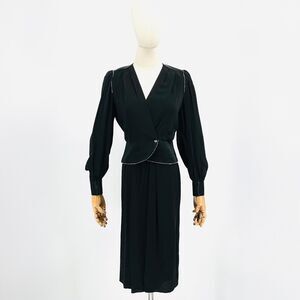 Vintage 80s Richard Warren Velvet Black Glam Rhinestone Button Skirt Set